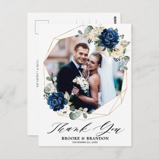 Navy Goud Wit Ivoor Geometrische Bruiloft Dank u Briefkaart (Voorkant / Achterkant)