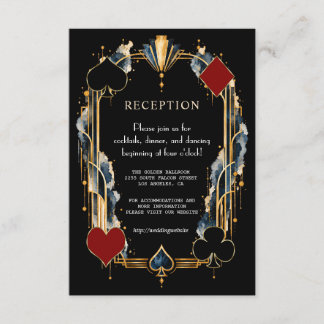 Navy Goud Zwart Art Deco Casino Nacht Bruiloft Informatiekaartje