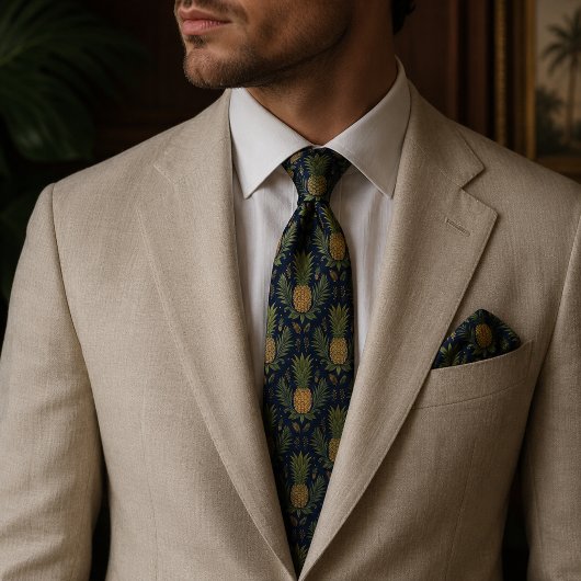 Navy Gouden Ananas Vintage Tropisch Stropdas