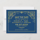 Navy Gouden Art Deco Frame Huwelijk Save The Date (Voorkant)