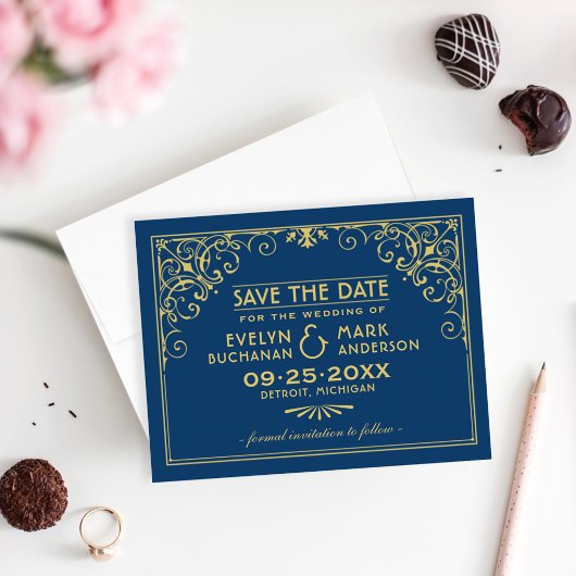 Navy Gouden Art Deco Frame Huwelijk Save The Date