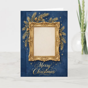 Navy Gouden Barok Frame Fotokaart - Kerstmis Kaart