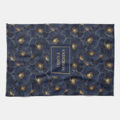 Navy Gouden Bloem Handdoek Moderne Monogram Keuken (Horizontaal)