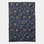 Navy Gouden Bloem Handdoek Moderne Monogram Keuken (Verticaal)
