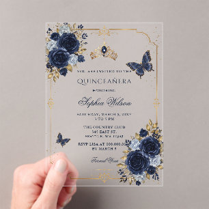 Navy Gouden Bloem Vlinder Quinceañera Acryl Uitnodigingen