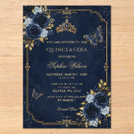 Navy Gouden Bloem Vlinder Quinceañera Acryl Uitnodigingen