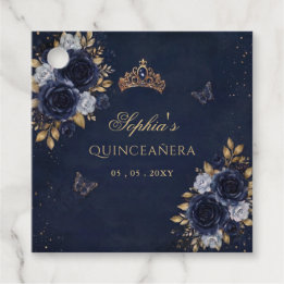 Navy Gouden Bloem Vlinder Quinceañera Bedankjes Labels