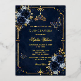 Navy Gouden Bloem Vlinder Quinceañera Folie Uitnodiging