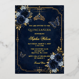 Navy Gouden Bloem Vlinder Quinceañera Folie Uitnodiging