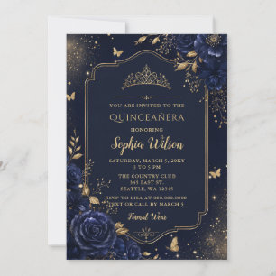 Navy Gouden Bloem Vlinder Quinceañera Kaart