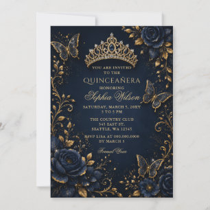 Navy Gouden Bloem Vlinder Quinceañera Kaart