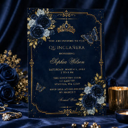 Navy Gouden Bloem Vlinder Quinceañera Kaart
