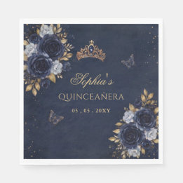 Navy Gouden Bloem Vlinder Quinceañera Servet