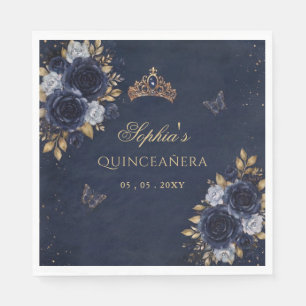 Navy Gouden Bloem Vlinder Quinceañera Servet