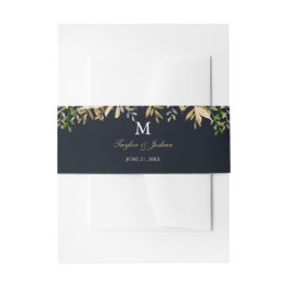 Navy Gouden Bloemenschildering Waterverf Bruiloft  Uitnodigingen Wikkel