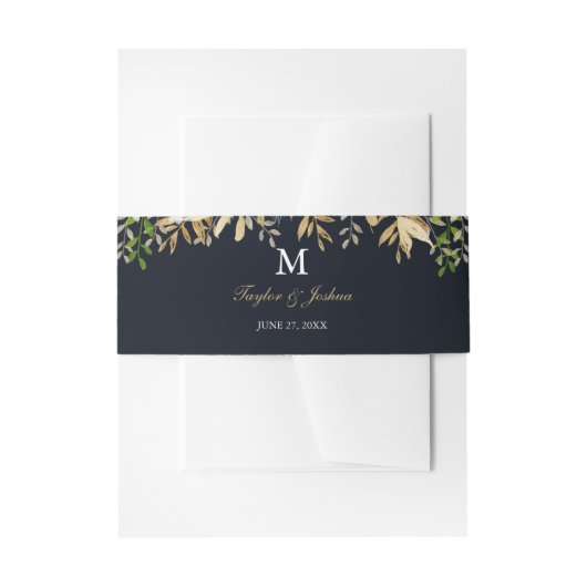 Navy Gouden Bloemenschildering Waterverf Bruiloft  Uitnodigingen Wikkel (Voorkant Voorbeeld)