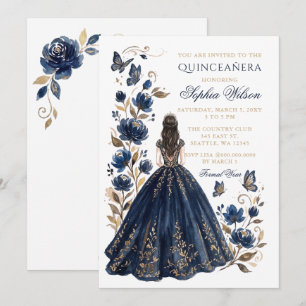 Navy Gouden Bloemige Prinses Vlinder Quinceañera Kaart