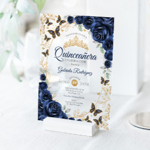 Navy Gouden Bloemige Quinceanera Acryl Uitnodigingen