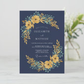 Navy Gouden Bloesem Bruiloft Kaart (Staand voorkant)