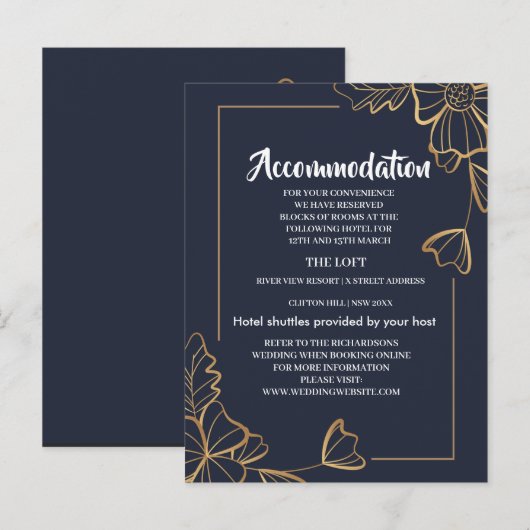Navy & gouden florale accommodatie aankondigingskaart (Voorkant / Achterkant)