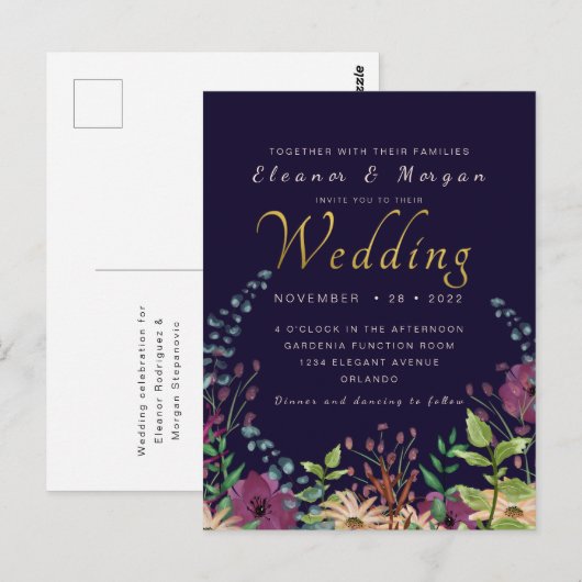 Navy gouden folie bloemen bruiloft briefkaart (Voorkant / Achterkant)