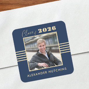 Navy Gouden Fotolijst 2026 Geslaagd Vierkante Sticker