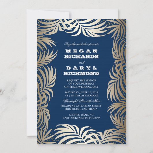 Navy - Gouden Glitter Palm Leaf Beach Wedding Kaart (Voorkant)