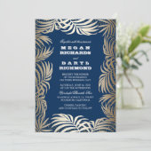 Navy - Gouden Glitter Palm Leaf Beach Wedding Kaart (Staand voorkant)