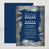 Navy - Gouden Glitter Palm Leaf Beach Wedding Kaart (Voorkant / Achterkant)