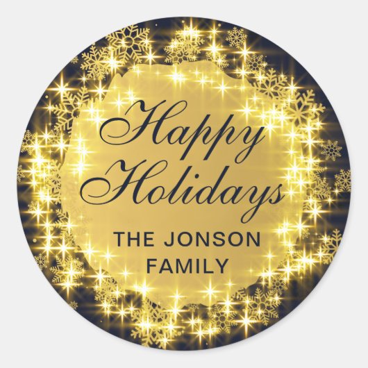 Navy & Gouden Glitterende Sneeuwvlokken Kerstbal Ronde Sticker (Voorkant)