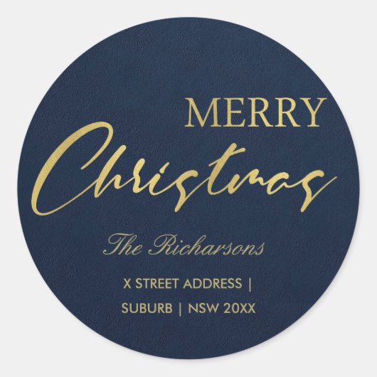 NAVY GOUDEN KALLIGRAFIE VROLIJK KERSTADRES RONDE STICKER (Voorkant)