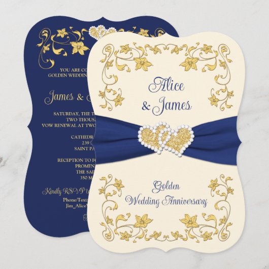 Navy, gouden liefdesharten 50e bruiloft Jubileum Kaart (Voorkant / Achterkant)