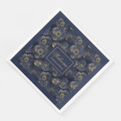 Navy Gouden Luxe Servetten Met Naam Bloemaccent (Hoek)