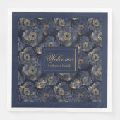 Navy Gouden Luxe Servetten Met Naam Bloemaccent (Voorkant)