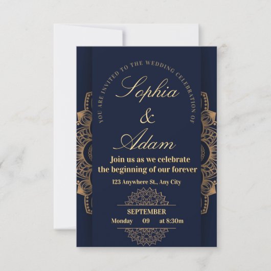 Navy & Gouden Mandala Uitnodiging (Voorkant)