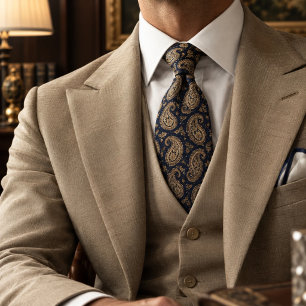 Navy Gouden Paisley Klassiek Barok Patroon Stropdas