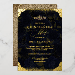 Navy Gouden Roos Tiara Quinceanera Folie Uitnodigi Uitnodiging