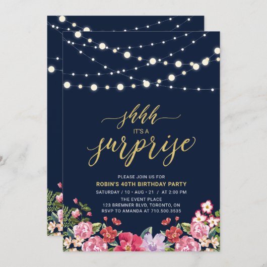 Navy & Gouden Slingerlichten Verjaardagsfeestje Ve Kaart (Voorkant / Achterkant)