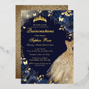 Navy Gouden Vlinder Bloemetjes Jurk Quinceanera Folie Uitnodiging