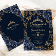 Navy Gouden Vlinders Rozen Quinceanera