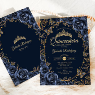 Navy Gouden Vlinders Rozen Quinceanera Kaart