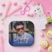 Navy Gradient Personalized Photo Birthday Papieren Bordje (Feest)