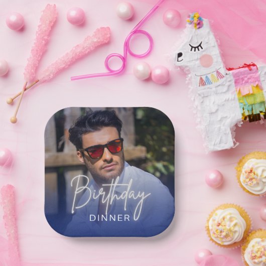 Navy Gradient Photo Birthday Dinner Papieren Bordje (Feest)