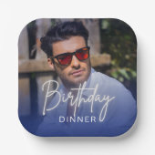 Navy Gradient Photo Birthday Dinner Papieren Bordje (Voorkant)