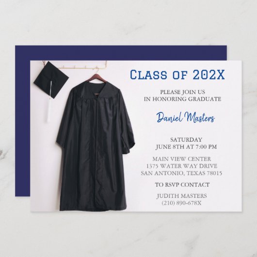 Navy Graduation Party Pet en Gown Invitation Kaart (Voorkant / Achterkant)