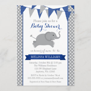 Navy Gray Elephant Polka Dot Bunting Baby shower Kaart