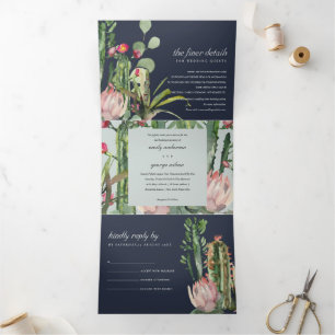 NAVY GRAY FLORAL CACTI FOLIAGE WATERVERF WEDDING DRIELUIK UITNODIGING