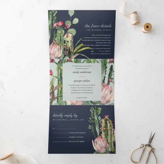 NAVY GRAY FLORAL CACTI FOLIAGE WATERVERF WEDDING DRIELUIK UITNODIGING (Binnen)