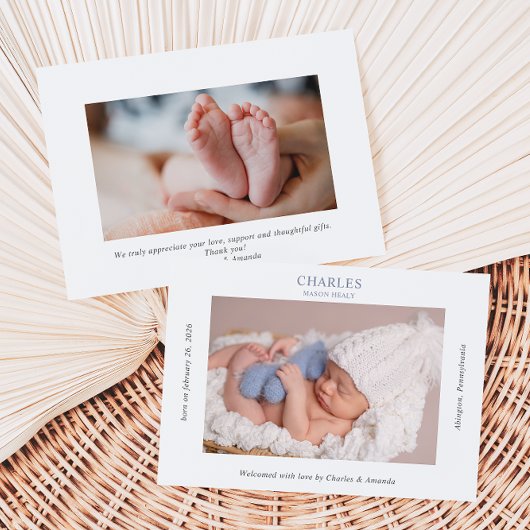 Navy Gray Minimalist Photo Baby Announcement Card Kaart