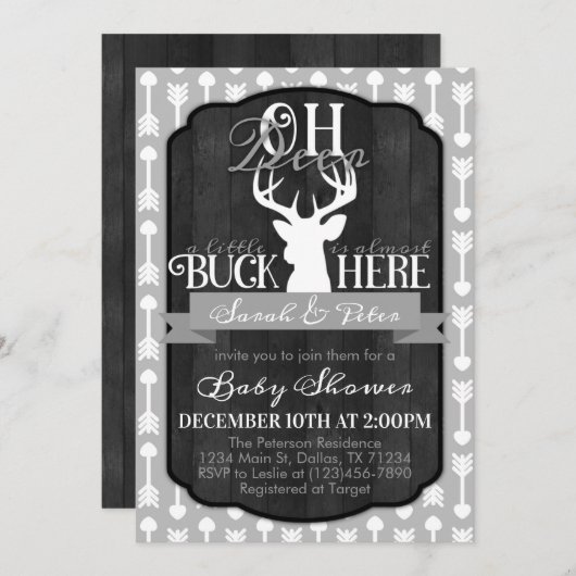 Navy Gray Tribal Deer Baby shower Invitation Kaart (Voorkant / Achterkant)